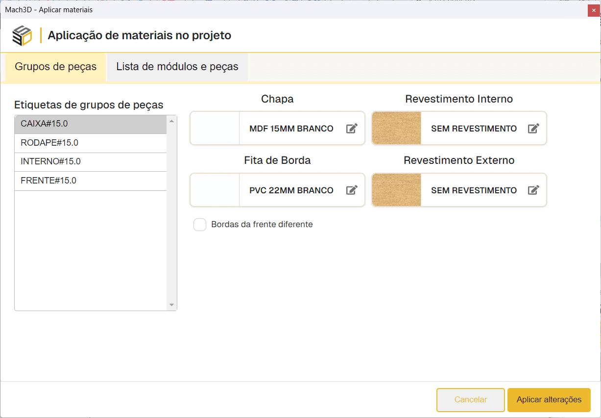 Aplicacao de materiais por modulo, layer e peca no Mach3DS