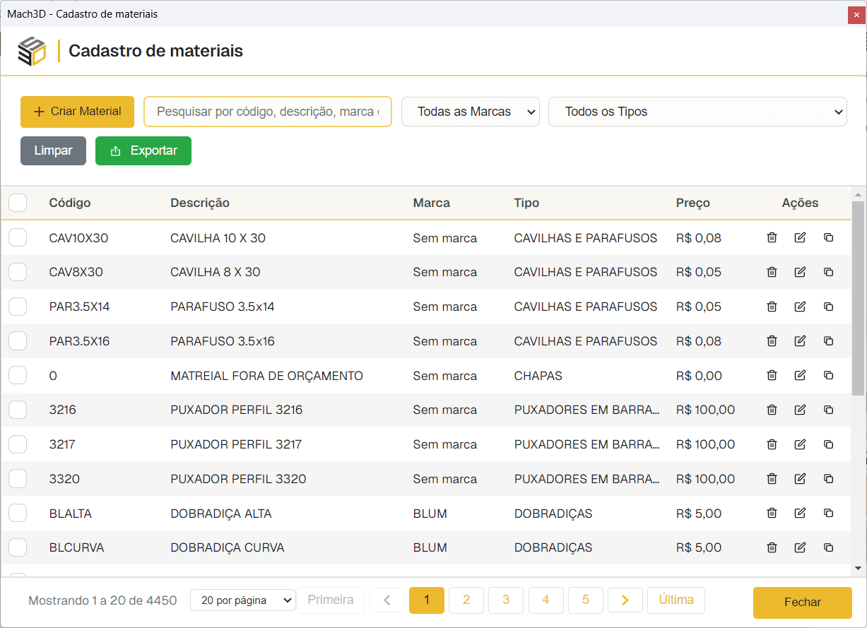 Cadastro detalhado de materiais no Mach3DS
