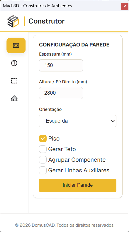 Construtor de ambientes com paredes, piso, teto e tampos no Mach3DS