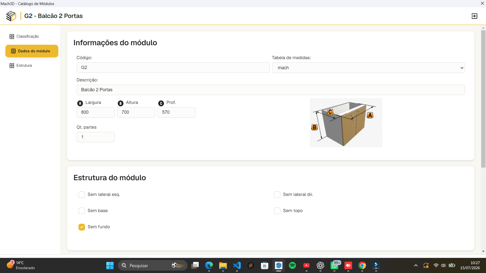 Tela de dimensoes do modulo no Mach3DS