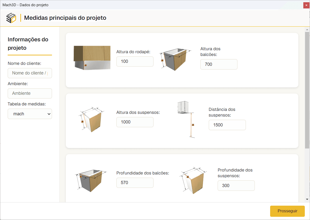 Medidas iniciais de projeto, cliente e ambiente no Mach3DS