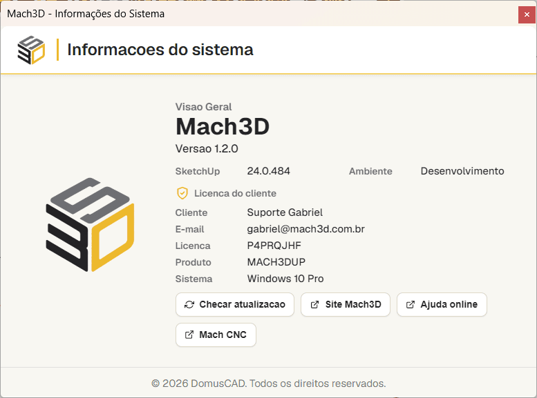 Informacoes do sistema e links do Mach3DS