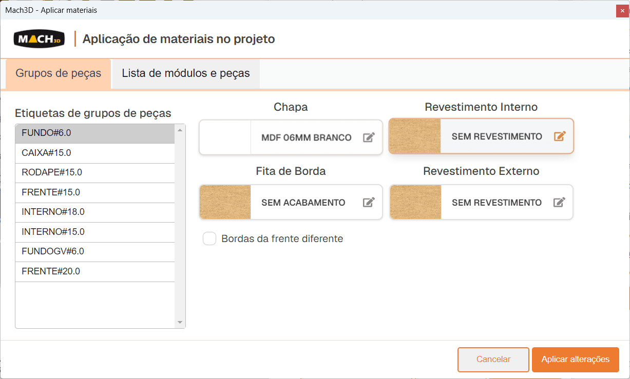 Tela do Mach3D aplicando materiais no movel