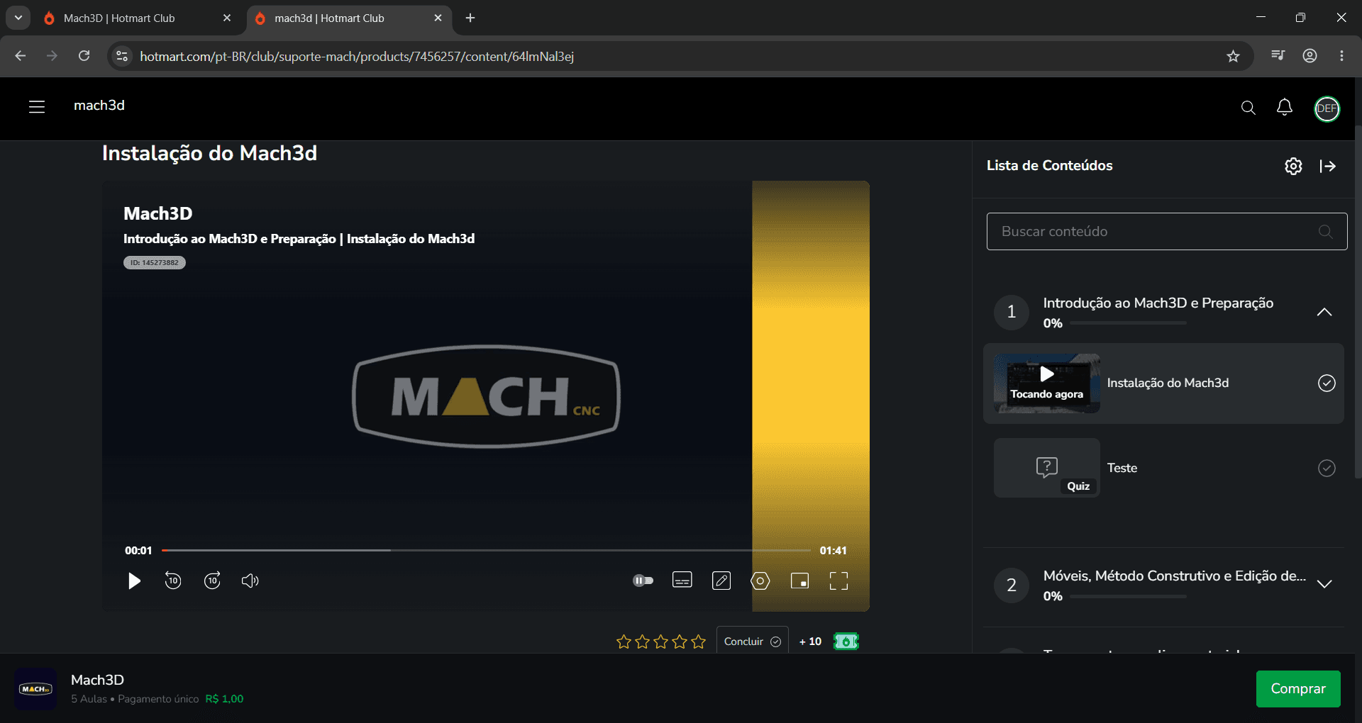 Tela de curso online e suporte do Mach3D