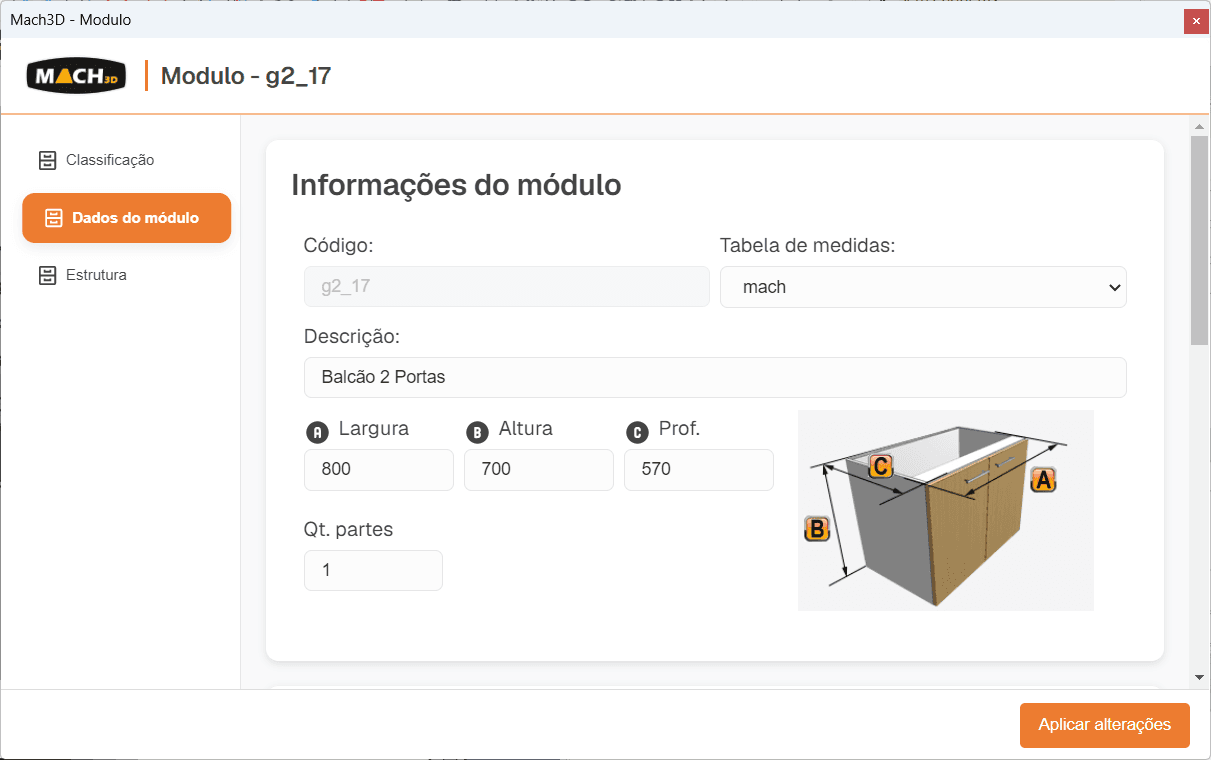 Tela do Mach3D editando um movel planejado no SketchUp