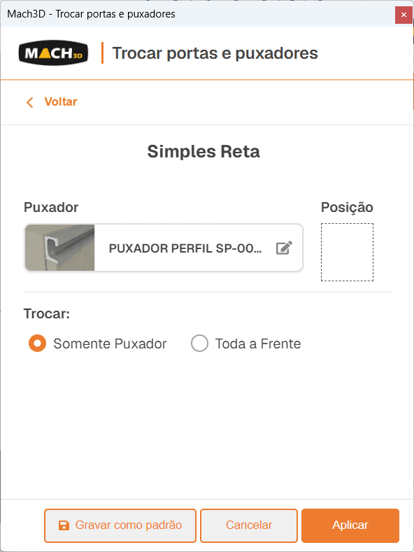 Tela do Mach3D trocando puxadores e detalhes de frente